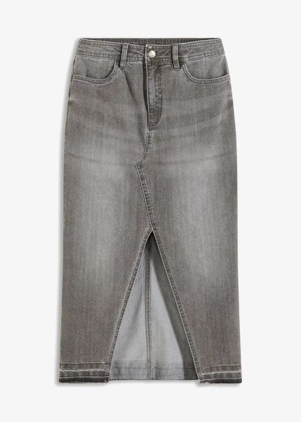 Spódnica dżinsowa z rozcięciem. Szare spódnice bonprix, na lato, bez wzorów. Za 47.99 zł.