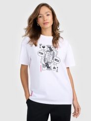 4F T-shirt loose z nadrukiem damski - biały S. Białe t-shirty 4f, s, bez wzorów, z bawełny, bez kołnierzyka, bez ramiączek. Za 79.99 zł.