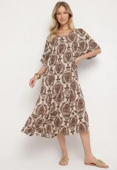 Brązowa Sukienka z Bawełną w Abstrakcyjny Wzór Filindela. Brązowe sukienki Born2be, na co dzień, l, z aplikacjami, z bawełny, eleganckie, bez kołnierzyka, bez ramiączek, midi. Za 49.99 zł.