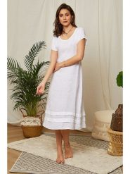 Lin Passion Lniana sukienka w kolorze białym rozmiar: 34/36. Białe sukienki Lin Passion, bez wzorów, ze lnu, klasyczne, bez kołnierzyka, bez ramiączek, midi, rozkloszowane. Za 113.99 zł.