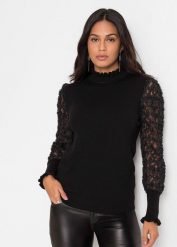 Sweter z golfem i dekoracyjnymi szyfonowymi rękawami. Czarne golfy bonprix, bez wzorów, z szyfonu, bez ramiączek. Za 127.99 zł.