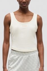 GUESS Kremowy damski tank top Circe, Rozmiar L. Brązowe topy Guess, l, z aplikacjami, prążkowane, bez kołnierzyka, bez ramiączek. W wyprzedaży za 179.99 zł.