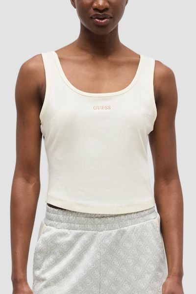 GUESS Kremowy damski tank top Circe, Rozmiar M. Brązowe topy Guess, m, z aplikacjami, prążkowane, bez kołnierzyka, bez ramiączek. W wyprzedaży za 129.99 zł.