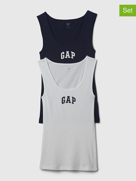 GAP Topy (2 szt.) w kolorze granatowym i białym rozmiar: L. Białe topy GAP, l, bez wzorów, bez kołnierzyka, bez ramiączek. Za 73.95 zł.