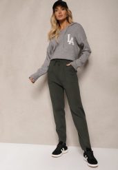 Ciemnozielone Spodnie z Bawełną High Waist Ozdobione Sznurkiem Venaline. Zielone spodnie materiałowe Renee, na co dzień, bez wzorów, z bawełny, z podwyższonym stanem. Za 59.99 zł.
