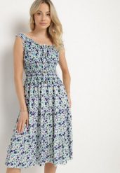 Biało-Niebieska Sukienka Bawełniana Rozkloszowana w Kwiaty z Guzikami Ronzea. Białe sukienki Born2be, na spacer, na lato, l, bez wzorów, z bawełny, eleganckie, bez kołnierzyka, bez ramiączek, midi, rozkloszowane. Za 39.99 zł.