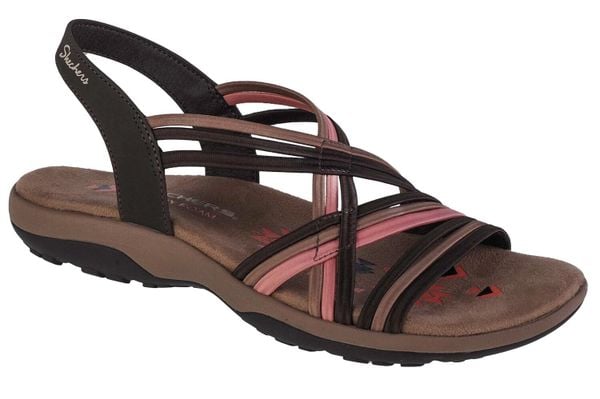 Sandały damskie, Reggae Slim Simply Stretch Sandals. Brązowe sandały Skechers, bez wzorów, z materiału, sportowe, bez obcasa, bez zapięcia. Za 239.99 zł.