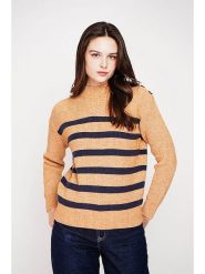 C& Jo Sweter w kolorze jasnobrązowo-granatowym rozmiar: 38. Brązowe swetry C& Jo, bez wzorów, ze splotem, bez ramiączek. Za 121.99 zł.