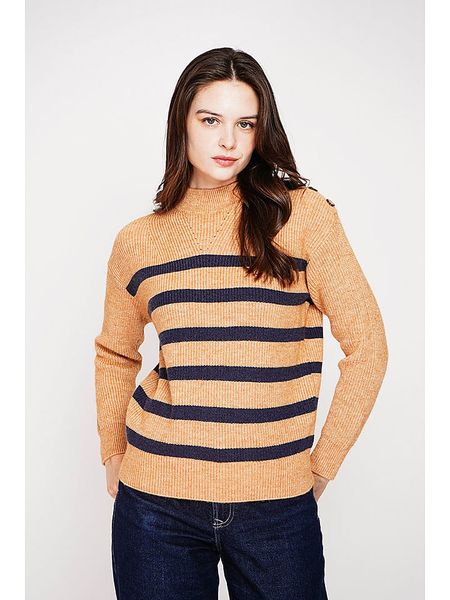 C& Jo Sweter w kolorze jasnobrązowo-granatowym rozmiar: 38. Brązowe swetry C& Jo, bez wzorów, ze splotem, bez ramiączek. Za 121.99 zł.