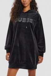 GUESS Сzarna damska długa welurowa bluza Couture, Rozmiar L. Czarne bluzy sportowe Guess, l, z aplikacjami, z weluru, z kapturem. W wyprzedaży za 319.99 zł.