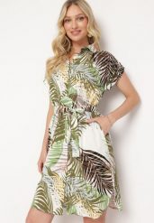 Zielona Bawełniana Sukienka Zapinana na Guziki z Materiałowym Paskiem Opilla. Zielone sukienki Born2be, na imprezę, xl, bez wzorów, z bawełny, eleganckie, bez kołnierzyka, bez ramiączek, midi, dopasowane. Za 84.99 zł.