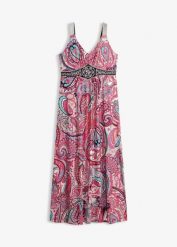 Długa sukienka z aplikacjami. Czerwone sukienki bonprix, na lato, z aplikacjami, eleganckie, bez kołnierzyka, bez ramiączek, maxi. Za 79.99 zł.