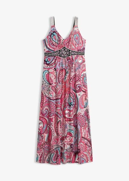 Długa sukienka z aplikacjami. Czerwone sukienki bonprix, na lato, z aplikacjami, eleganckie, bez kołnierzyka, bez ramiączek, maxi. Za 79.99 zł.