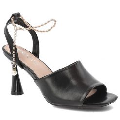 Sandały damskie Vinceza, cholewka ze skóry ekologicznej z metalicznym wykończeniem pasek wokół kostki zamienny na łańcuszek, czarne, 62297. Czarne sandały VINCEZA, bez wzorów, ze skóry ekologicznej, bez obcasa, na obcasie, bez zapięcia. Za 129.00 zł.