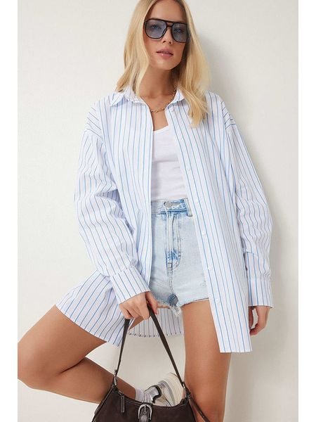 Happiness Istanbul Bluzka w kolorze błękitno-białym rozmiar: S/M. Niebieskie bluzki Happiness Istanbul, m, bez wzorów, bez kołnierzyka, bez ramiączek. Za 87.40 zł.