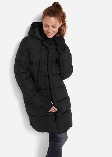 Płaszcz pikowany funkcyjny, hydrofobowy. Czarne płaszcze bonprix, bez wzorów, z kapturem. Za 299.99 zł.