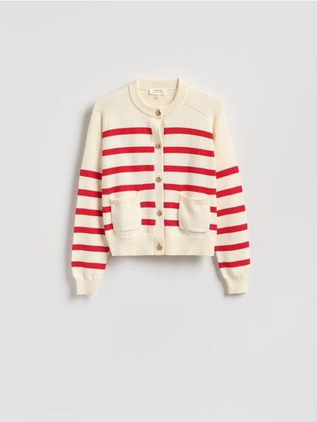 Bawełniany kardigan w paski - czerwony. Czerwone kardigany Reserved, l, bez wzorów, z bawełny. Za 199.99 zł.