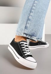 Czarne Trampki Basic z Cholewką przed Kostkę na Niskiej Platformie Senadra. Czarne trampki Renee, bez wzorów, z jeansu, przed kostkę, bez zapięcia. W wyprzedaży za 43.99 zł.
