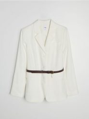 Żakiet z wiskozą i domieszką lnu - kremowy. Białe marynarki i żakiety Sinsay, l, bez wzorów, z wiskozy. Za 79.99 zł.