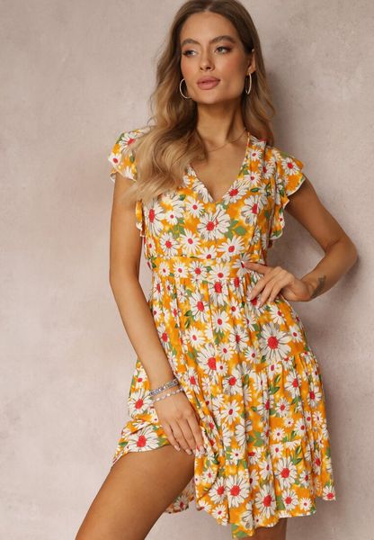 Żółta Taliowana Sukienka Mini w Kwiaty z Gumką w Talii Teziovi. Żółte sukienki Renee, m, bez wzorów, z wiskozy, bez kołnierzyka, bez ramiączek, mini. Za 79.99 zł.