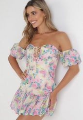 Jasnobeżowa Sukienka Mini z Opuszczonymi Rękawami i Ozdobnym Sznurowaniem z Bawełny Gabrisa. Brązowe sukienki Born2be, na imprezę, m, bez wzorów, z bawełny, bez kołnierzyka, bez ramiączek, mini. Za 119.99 zł.