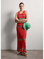 STEFANEL Sukienka w kolorze czerwono-zielonym rozmiar: XS. Czerwone sukienki Stefanel, na co dzień, xs, bez wzorów, z bawełny, bez kołnierzyka, bez ramiączek, maxi, proste. Za 260.99 zł.