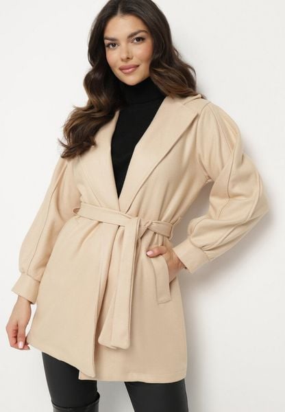 Beżowy Płaszcz z Wiązanym Paskiem i Bufiastym Rękawem Imgrucu. Brązowe płaszcze Born2be, na jesień, bez wzorów, z jeansu, bez kaptura. Za 129.99 zł.