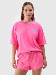 4F T-shirt oversize z nadrukiem damski - fuksja L. Czerwone t-shirty 4f, l, bez wzorów, z bawełny, bez kołnierzyka, bez ramiączek. W wyprzedaży za 39.99 zł.