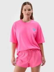 4F T-shirt oversize z nadrukiem damski - fuksja XS. Czerwone t-shirty 4f, xs, bez wzorów, z bawełny, bez kołnierzyka, bez ramiączek. W wyprzedaży za 39.99 zł.