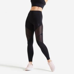 Legginsy fitness damskie Domyos. Czarne legginsy DOMYOS, l, bez wzorów, z materiału, z podwyższonym stanem, długie. Za 69.99 zł.