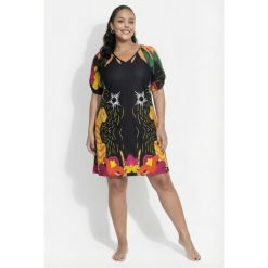 Damskie Sukienka z dżerseju koty trapezowy krój dekolt w serek rękaw 1/2. Czarne sukienki Ulla Popken, plus size, bez wzorów, z dżerseju, sportowe, bez kołnierzyka, plus size, bez ramiączek, sportowe. Za 239.99 zł.