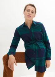 Długa bluzka ciążowa z miękkiej bawełnianej flaneli. Niebieskie bluzki bonprix, bez wzorów, z bawełny, bez kołnierzyka, moda ciążowa, bez ramiączek. Za 129.99 zł.