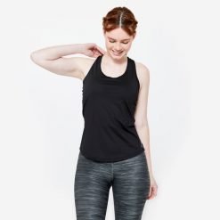 Top fitness damski Domyos My Top. Czarne topy DOMYOS, l, bez wzorów, z elastanu, bez kołnierzyka, bez ramiączek. Za 19.99 zł.