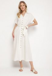 Jasnobeżowa Sukienka Koszulowa z Wiskozy i Lnu Wiązana w Talii z Kieszeniami Efrasira. Brązowe sukienki Born2be, na co dzień, l, bez wzorów, z wiskozy, eleganckie, bez kołnierzyka, bez ramiączek, maxi, koszulowe. Za 129.99 zł.