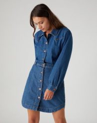 SUKIENKA JEANSOWA WRANGLER PUFF SLEEVE WESTERN MID INDIGO W9P4LLX8E 112132455. Niebieskie sukienki Wrangler, s, bez wzorów, z jeansu, bez kołnierzyka, bez ramiączek. Za 269.99 zł.