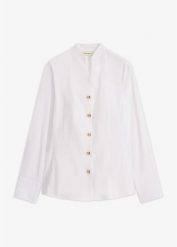 Bluzka z popeliny ze stretchem, niewymagająca prasowania. Niebieskie bluzki bonprix, bez wzorów, eleganckie, bez kołnierzyka, bez ramiączek. Za 129.99 zł.