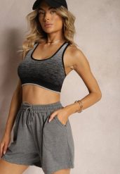 Ciemnoszare Dresowe Szorty High Waist z Gumką w Talii Narefia. Szare szorty Renee, w ażurowe wzory, z dresówki, eleganckie, z podwyższonym stanem. Za 24.99 zł.