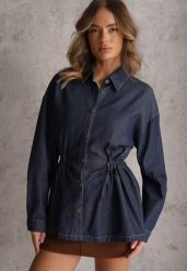 Granatowa Koszula z Bawełny Ściągana w Talii Troczkami Hettia. Niebieskie koszule Renee, l, bez wzorów, z bawełny, eleganckie, bez kołnierzyka, bez ramiączek. Za 139.99 zł.