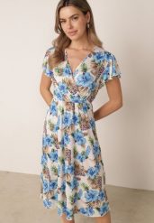 Niebieska Sukienka z Wiskozą Gumką w Talii z Kopertowym Dekoltem w Kwiaty Gloroene. Niebieskie sukienki Born2be, na co dzień, l, bez wzorów, z materiału, eleganckie, bez kołnierzyka, bez ramiączek, midi, kopertowe. Za 59.99 zł.