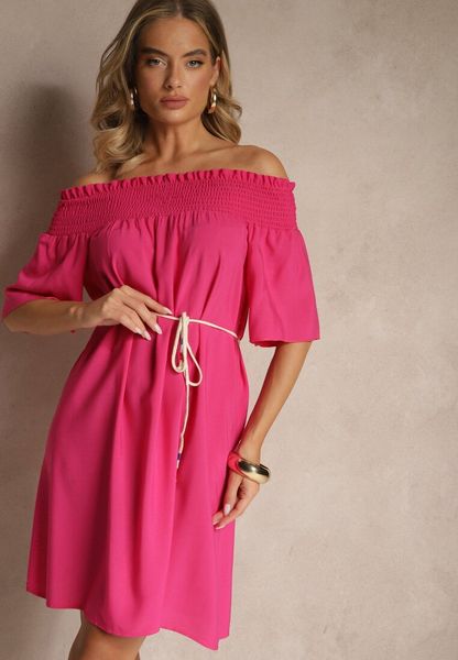 Fuksjowa Sukienka Hiszpanka z Bawełną i Wiskozą Ozdobiona Sznurkiem Lilarelle. Czerwone sukienki Renee, na co dzień, na wiosnę, m, bez wzorów, z bawełny, eleganckie, bez kołnierzyka, bez ramiączek, mini, z odkrytymi ramionami. Za 44.99 zł.