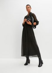 Długa sukienka z połyskiem. Czarne sukienki bonprix, bez wzorów, eleganckie, bez kołnierzyka, bez ramiączek, maxi, plisowane. Za 169.99 zł.