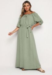 Ciemnozielona Trapezowa Muślinowa Sukienka z Bawełny z Paskiem i Gumką w Talii Vimarinn. Zielone sukienki Born2be, na co dzień, bez wzorów, z bawełny, bez kołnierzyka, bez ramiączek, maxi, proste. Za 149.99 zł.