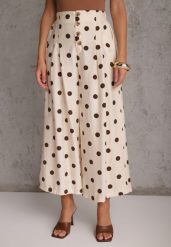 Beżowe Spodnie Casual Culottes w Groszki z Dużą Zawartością Wiskozy Thelialla. Brązowe spodnie materiałowe Renee, na co dzień, l, bez wzorów, z jeansu, z podwyższonym stanem, krótkie. Za 99.99 zł.