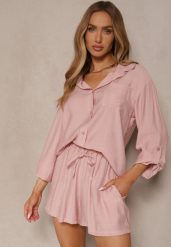 Różowy Wiskozowy Komplet Koszula i Szorty Luźne Efrone. Czerwone koszule Renee, m, bez wzorów, z wiskozy, eleganckie, bez kołnierzyka, bez ramiączek. Za 99.99 zł.