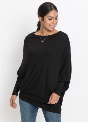 Sweter oversize z asymetrycznym dołem. Czarne swetry bonprix, bez wzorów, bez ramiączek. Za 119.99 zł.