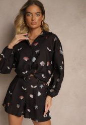 Czarny Komplet z Wiskozą Koszula i Szorty w Morski Print Reisoria. Czarne koszule Renee, m, bez wzorów, z materiału, eleganckie, bez kołnierzyka, bez ramiączek. Za 129.99 zł.