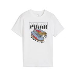 Młodzieżowa koszulka z grafiką sneakersów PUMA White. Biała bluzki Puma, m, bez wzorów, młodzieżowe, bez kołnierzyka, bez ramiączek. Za 99.99 zł.