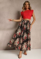 Czarna Rozkloszowana Spódnica z Plisami w Kwiatowy Wzór z Metalicznym Nadrukiem Follenna. Czarne spódnice Renee, na co dzień, l, bez wzorów, eleganckie, maxi, plisowane. Za 54.99 zł.