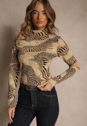 Beżowo-Czarna Bluzka Longsleeve z Bawełny z Półgolfem i Panterkowym Printem Unalla. Brązowe bluzki Renee, l, bez wzorów, z bawełny, bez kołnierzyka, bez ramiączek. Za 49.99 zł.