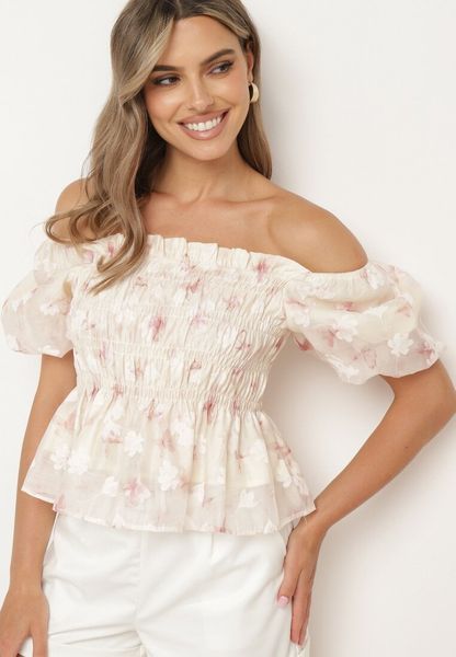 Beżowo-Różowa Bluzka z Marszczeniem Ozdobiona Falbanką i Siateczką o Kwiatowym Wzorze Felviana. Brązowe bluzki Born2be, bez wzorów, z jeansu, eleganckie, bez kołnierzyka, bez ramiączek. Za 129.99 zł.